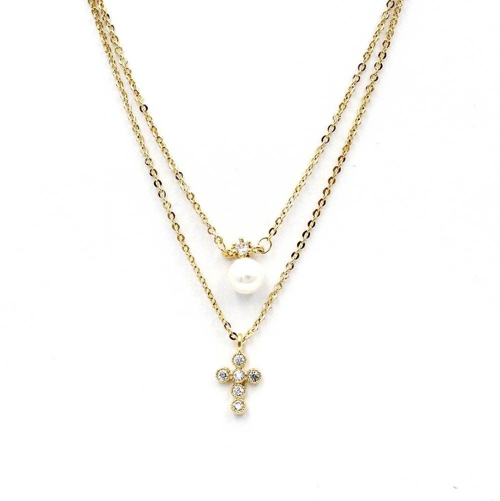 Gold duplexes mini crystal cross pearl necklace